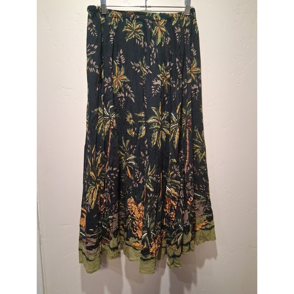 Vintage WHITE STAG Maxi Skirt Womens Sz S‎ Tropical Drawstring Black Palm Sequin